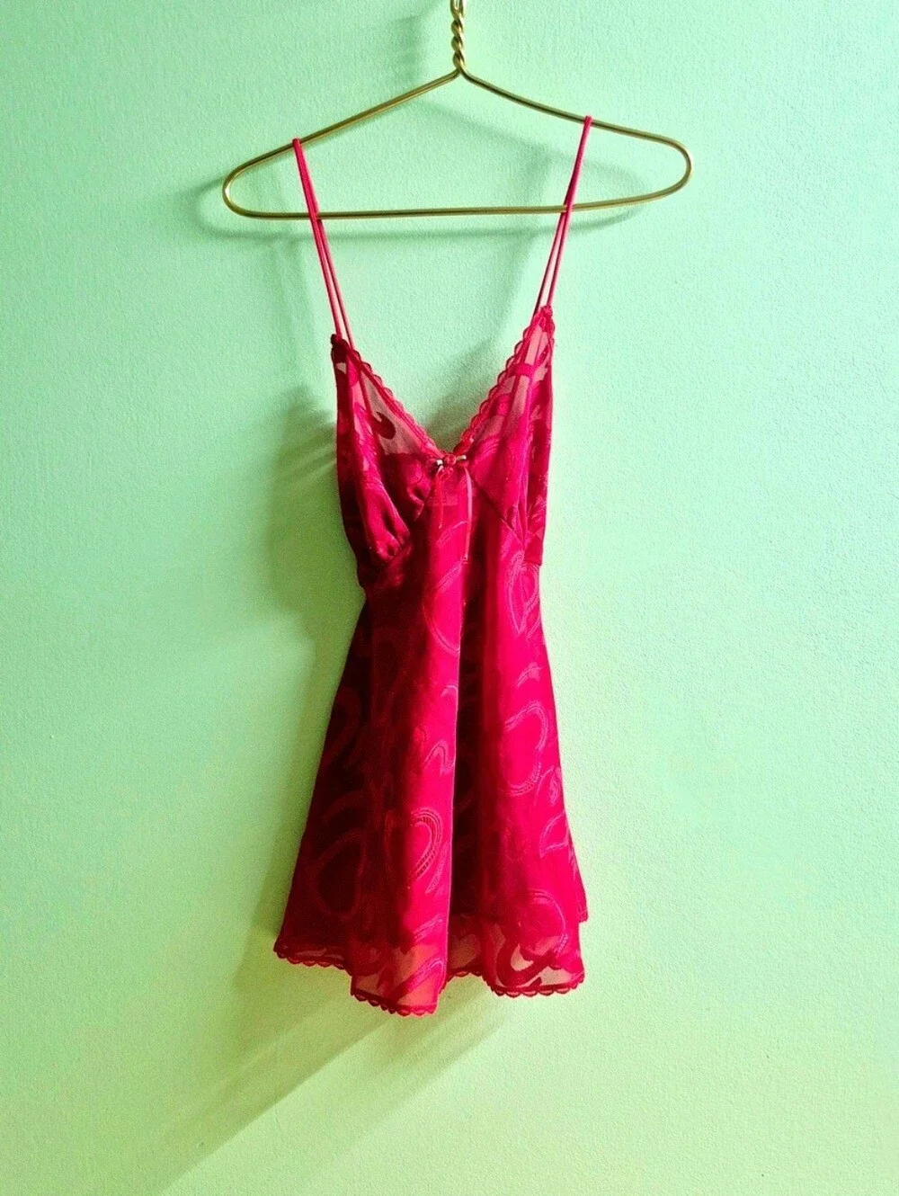 Vintage Red Heart Mesh Chemise – Lace Trim Sheer Night Slip - Picture 1 of 8